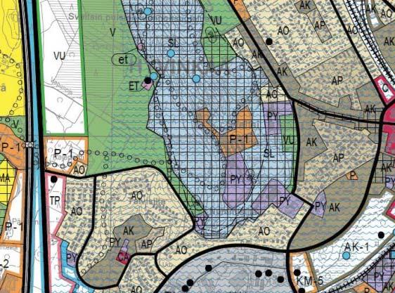 (VU), luonnonsuojelualuetta (SL) ja virkistysaluetta (V). Lisäksi alue on kauttaaltaan pohjavesialuetta ja lähes kokonaan myös kaupunki- tai kyläkuvallisesti arvokasta aluetta.