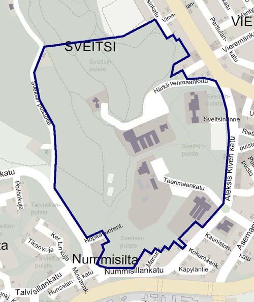 Kuva 1: Osayleiskaava-alueen rajaus Sveitsinpuisto on Hyvinkään omaleimaisimpia alueita sekä luonnonympäristönsä että kulttuurihistoriansa vuoksi.