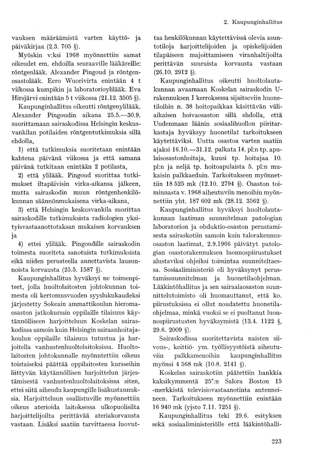 vauksen määräämistä varten käyttö- ja päiväkirjaa (2.3. 705 ). Myöskin v:ksi 1968 myönnettiin samat oikeudet em. ehdoilla seuraaville lääkäreille: röntgenlääk. Alexander Pingoud ja röntgenosastolääk.