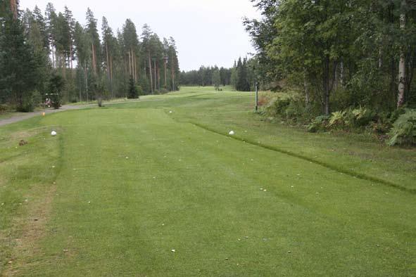 14, par 4, 373 (383), 365 (375), 332 (342) ja 324 (334) metriä + Selkeä ja hyvin maastoon istuva par nelonen - Valkoisen/keltaisen lyöntipaikka-alueen takaosa jäänyt puiden varjoon - Kahden