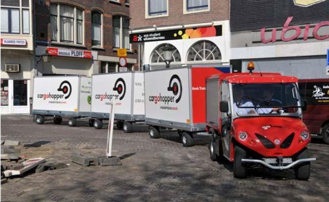 Teknologia Cargohopper (Utrecht) Sähkökäyttöinen minirekka, jossa energialähteenä lisäksi aurinkopaneelit. Rekka koostuu vetoautosta ja sen perään kiinnitettävistä konteista.