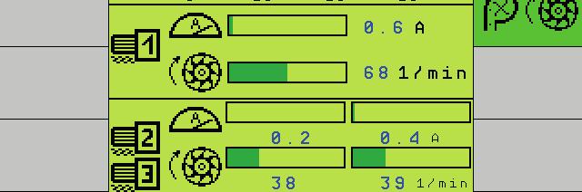 Syöttömoottorien virrankulutus on vihreällä alueella noin 11 ampeeriin asti. Jos virrankulutus on yli 11 ampeeria yli minuutin ajan, esiin tulee varoitusilmoitus.
