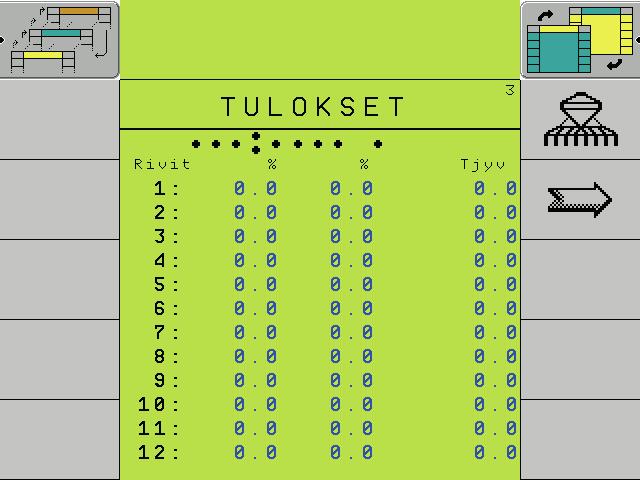Jos koneeseen on asennettu muita syöttölaitteita lannoitetta tai mikrogranulaattia varten, niiden tehotiedot näytetään toisella sivulla.