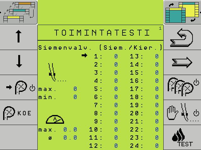 Yksittäisjyvien syöttölaitteen testausohjelma 2 Toimintatesti, sivu 1 3 1 Yksittäisten yksittäisjyvien syöttölaitteiden valinta. Valittujen yksittäisjyvien syöttölaitteiden käynnistys.