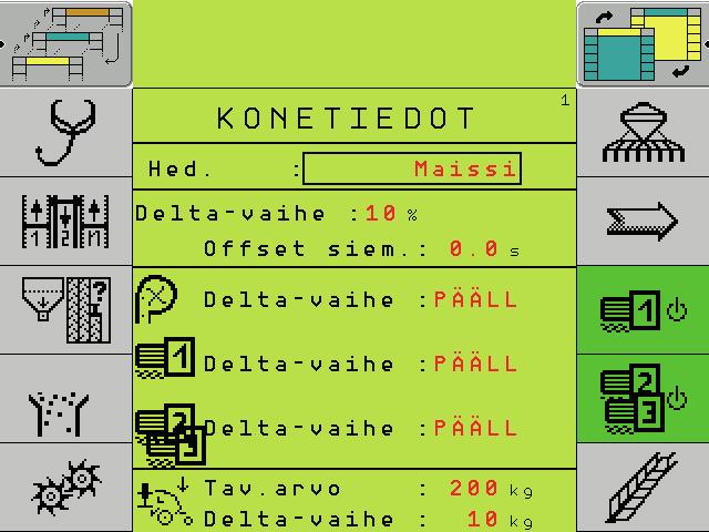 Konetiedot Konetiedot - Sivu 1 Konetietojen sivuille 1 ja 2. 4 5 6 Valikko Diagnoosi 1 Ajouraohjaus Jäännösmäärän laskenta Koneen kokoonpano ja konetietojen syöttö.