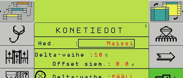 Näyttö Satoparametrit 2 Tässä voidaan muuttaa prosenttiarvoa keltaisen/ vihreän vaihtoa varten seuraaville parametreille: Vaihtelukerroin (VK) Siementen määrä (TK/ha) Siemenväli Vakioesitieto on 75 %.