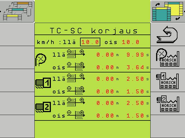 Korjaus voidaan tehdä kummallekin annostelijalle antamalla absoluuttinen viiveaika sekunteina tai korjaustieto metreinä. Viiveaikoja muutetaan ainoastaan tässä ikkunassa.