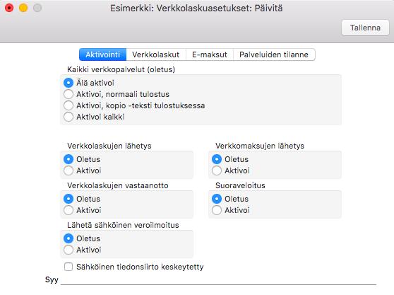 Verkkolaskut-välilehti Verkkolaskujen lähetys Lähetystapa Verkkolasku: Ohjelma lähettää kaikki laskut verkkolaskuna tai tulostuspalvelun kautta, jollei toisin ole määritelty liikekumppanitietueella