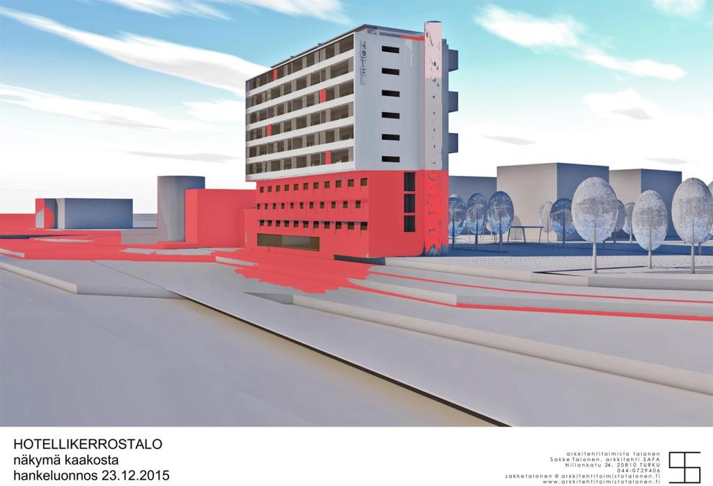 Hotellirakennuksen hankeluonnos Lahdentieltä nähtynä. 6.2 Toteuttaminen ja ajoitus Hotellin rakentaminen on mahdollistaa käynnistää v. 2018 alussa.