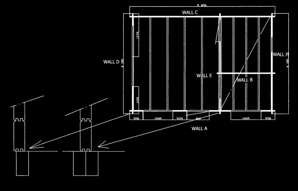 Lillevilla 100 C-2 5650mm x 3900mm / 44mm + terassi/terrass 3455mm x 2000mm Ehdotus pilariperustukseksi - Förslag till pelargrund Forslag til