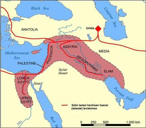 Gnostilaiset opit levisivät itään, länteen ja etelään (punainen viiva).