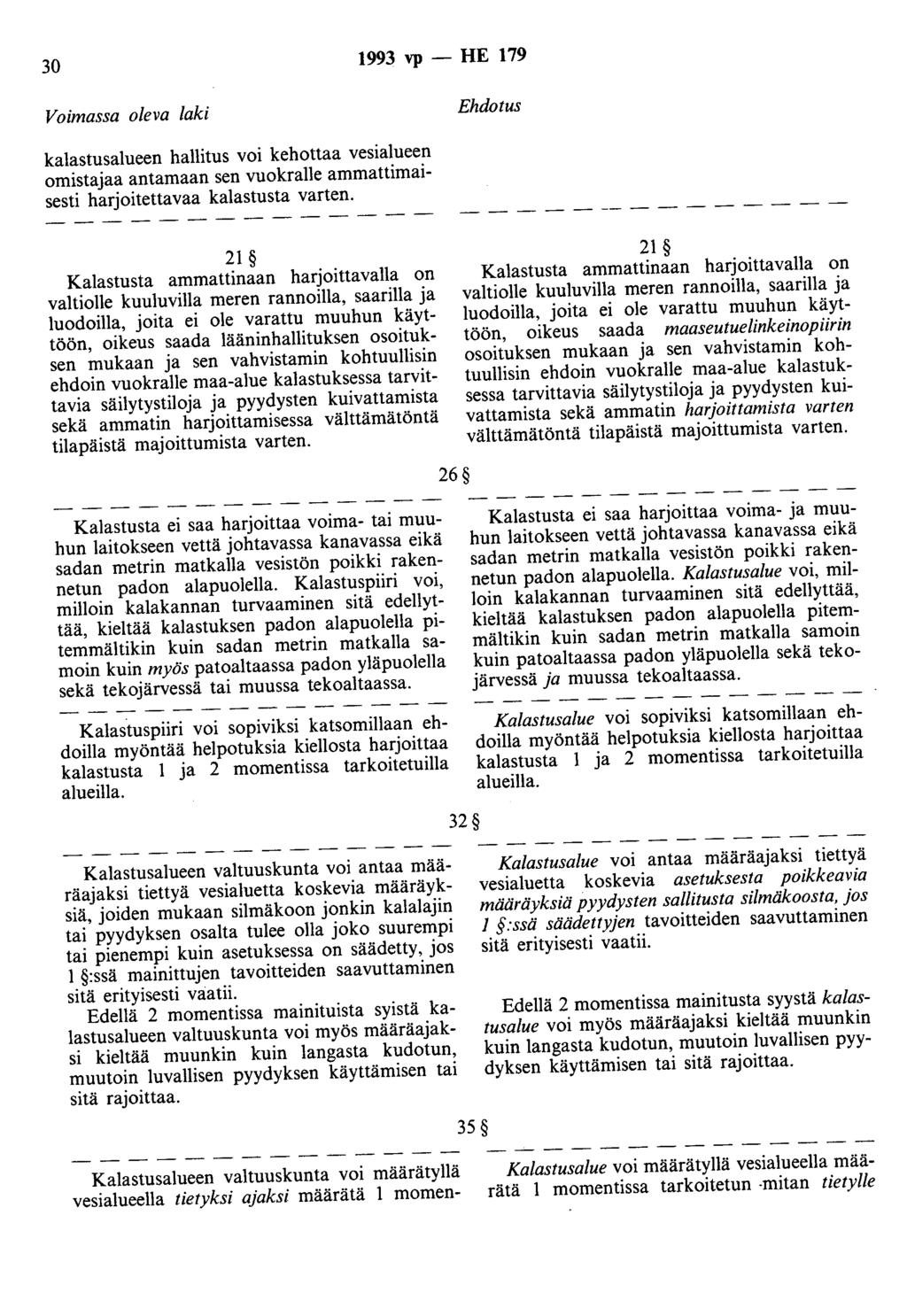 30 1993 vp- HE 179 Voimassa oleva laki Ehdotus kalastusalueen hallitus voi kehottaa vesialueen omistajaa antamaan sen vuokralle ammattimaisesti harjoitettavaa kalastusta varten.