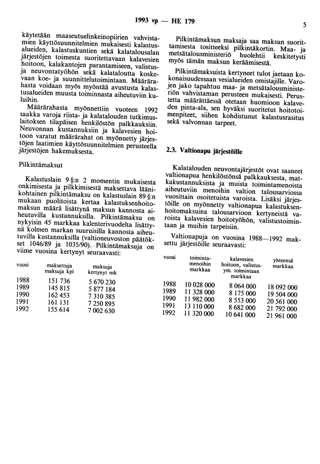 1993 vp - HE 179 5 käytetään maaseutuelinkeinopiirien vahvistamien käyttösuunnitelmien mukaisesti kalastusalueiden, kalastuskuntien sekä kalatalousalan järjestöjen toimesta suoritettavaan kalavesien