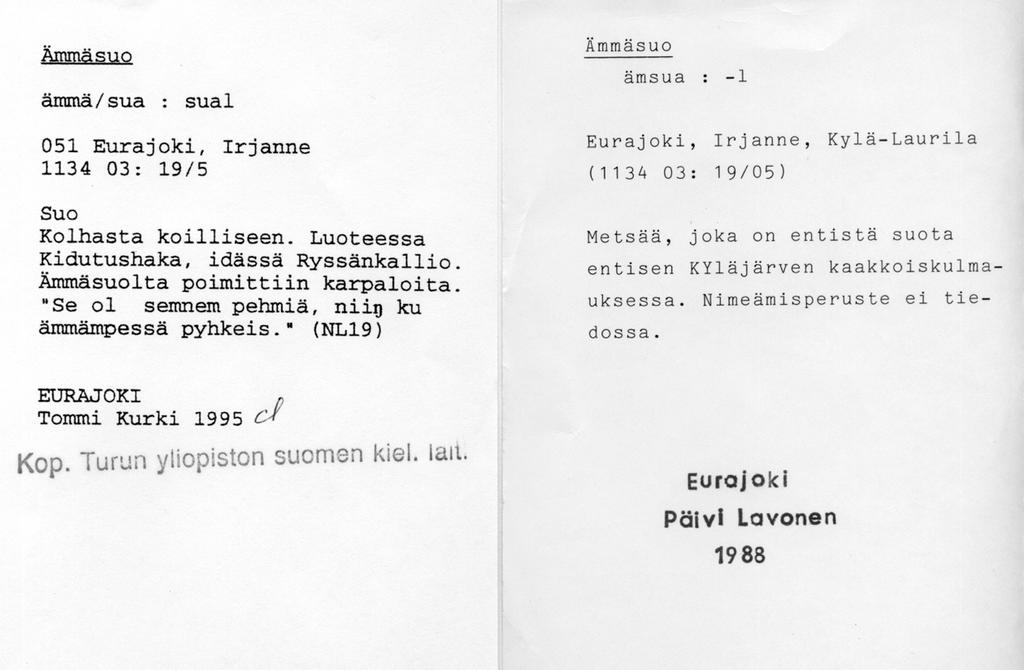 Ämmäsuon nimeämisperustetta ei tiedetä. Nimenkerääjän haastateltava on pohti- nut nimen liittyvän suon pehmeyteen. 133 Ämmäsuo on kuitenkin 1980- luvulla nimenkeruun aikaan jo ollut metsää.