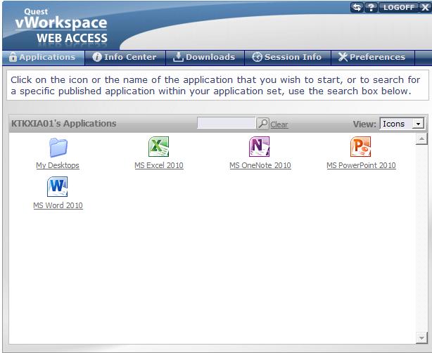 27 Kuva 17. Quest vworkspace Web Access -palvelun Applications-näkymä Kuva 18.