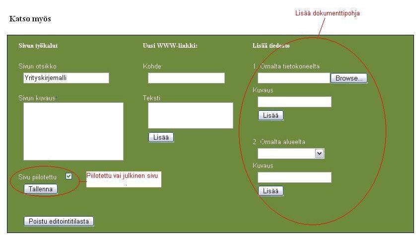 Dokumenttipohja lisätään Lisää tiedosto -kohdassa sivun oikeassa alakulmassa. Myös dokumenttipohjan voi joko lisätä omalta tietokoneelta tai omalta alueelta.