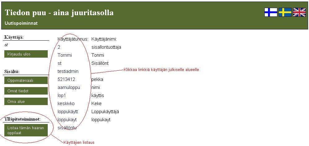 4.2.4 Haaran oppilaiden listaus Sisällöntuottaja voi halutessaan nähdä listan kaikista käyttäjistä, joilla on oikeudet hänen materiaalikokonaisuuteensa.