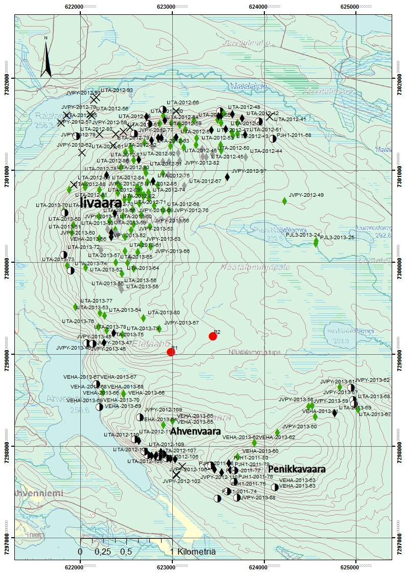 29 Kuva 5. Iivaaran, Ahvenvaaran ja Penikkavaaran alueiden kivilajihavainnot vuosilta 2011 2013 sekä kairareiät R1 ja R2.