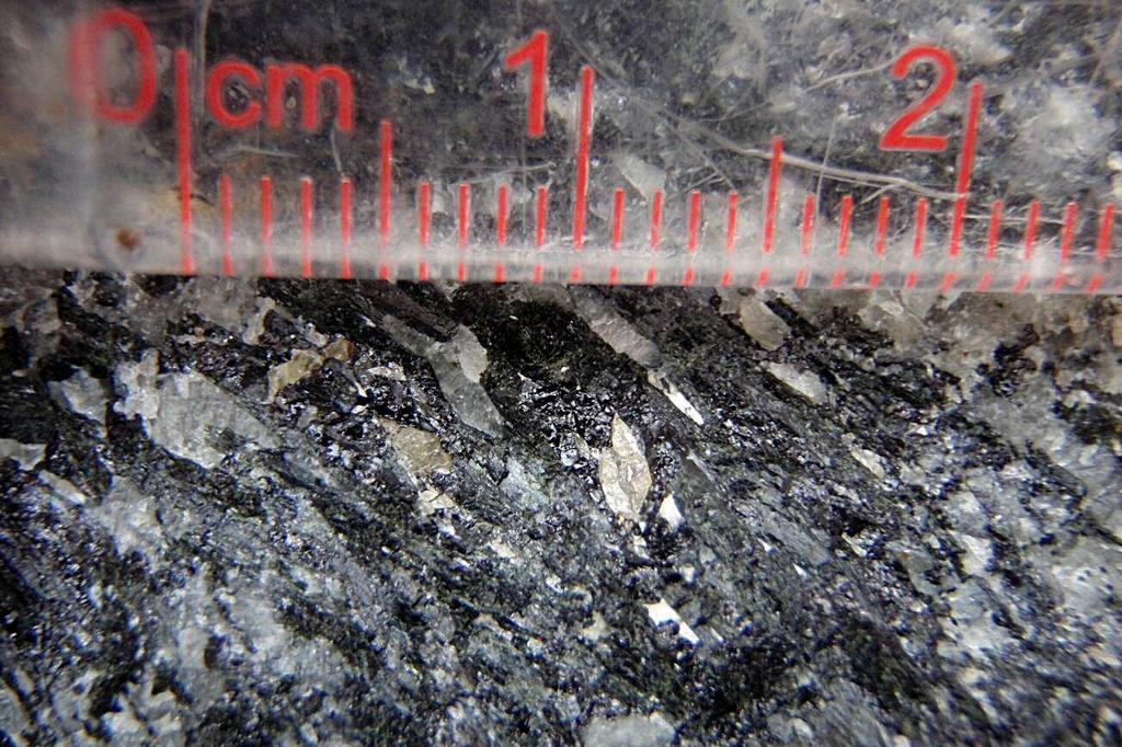 35 Kuva 11. Metallikiiltoista, mustaa titaaniandradiittia sekä kellertäviä, omamuotoista titaniittikiteitä titaaniandradiitti-ijoliitissa (havainto VEHA-2013-53). Valokuva: Vesa Haapala.