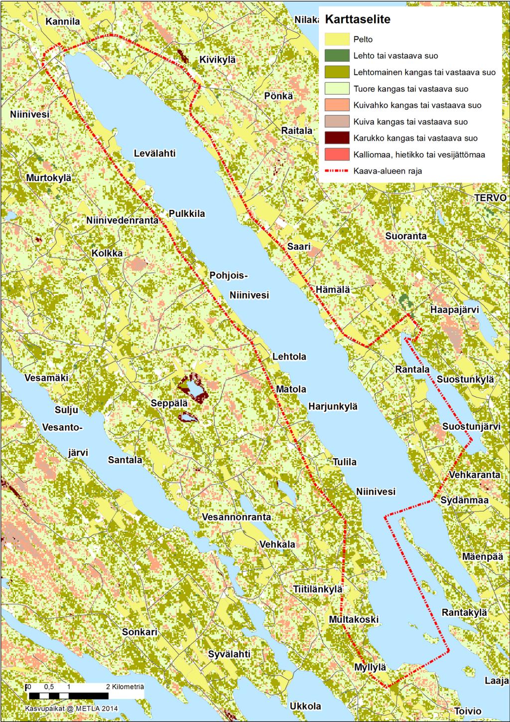 FCG Suunnittelu ja tekniikka Oy Kaavaselostus 10 (56) Kuva 5. Kaava-alue kasvupaikat (@ METLA 2014). Kasvillisuudeltaan Niinivesi edustaa kasvillisuudeltaan järviruokojärveä.