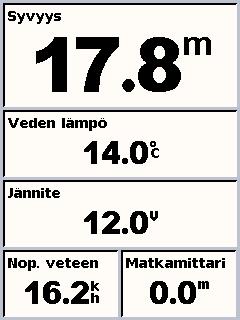 Numeronäyttö Numeronäytössä on kaavion sijasta numerotietoja. Näkyvät tiedot määräytyvät kaikuanturin ominaisuuksien mukaan. Kaikki kaikuanturit näyttävät syvyyden.