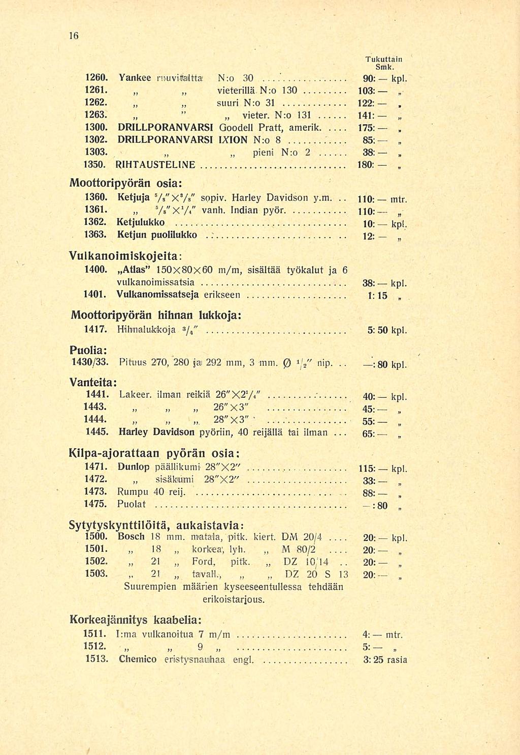 20: 20: 20: Tukuttain 1260 Yankee nmvifelltta N:o 30 90: kpl 1261 1262 1263 N:o 130 103: N:o 31 122; vieter N:o 131 141: 1300 DRILLPORANVARSI Qoodell Pratt amerik 175: 1302 DRILLPORANVARSI IXION N:o