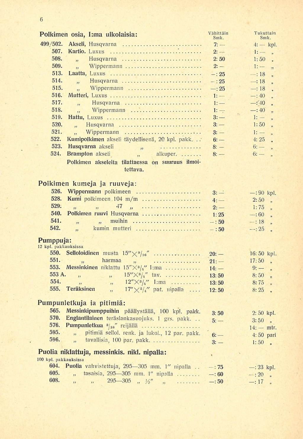 5 :4 1: 9: 2; Polkimen osia I:ma ulkolaisia: ' vähittäin Tukuttain 499/502 Akseli Husqvarna 7: 4: kpl 507 KartioLuxus 2; I: 508 Husqvarna 2:50 1:50 509 Wippermann 1: 513 Laatta Luxus :25 : 18 514