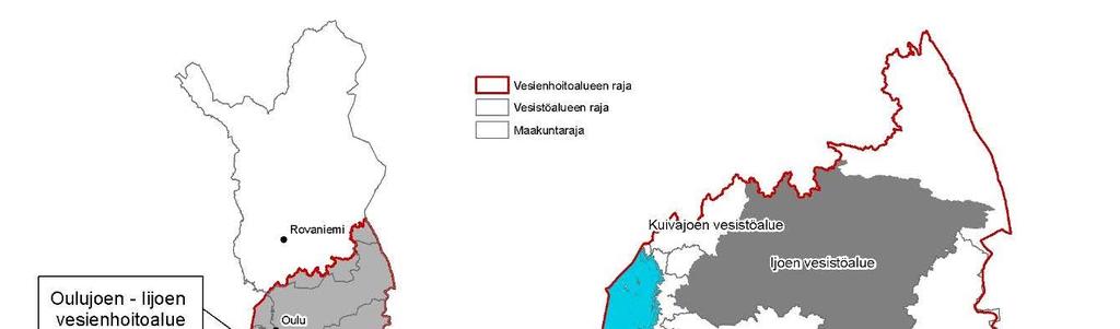 4 Alueen kuvaus Iijoki on Perämereen laskevista vesistöalueista toiseksi suurin Oulujoen - Iijoen vesienhoitoalueella ja se sijaitsee alueen pohjoispuolella (Kuva 4.1).