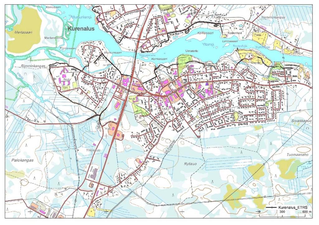 Kuva 4.9 Kurenalan tulvasuojelupenkereiden sijainti. ( ELY-keskus, MML peruskarttarasteri 9/2015) Kostonjoella toistuvat suppopadot ovat aiheuttaneet jopa suurempia vedenkorkeuksia kuin kevättulvat.