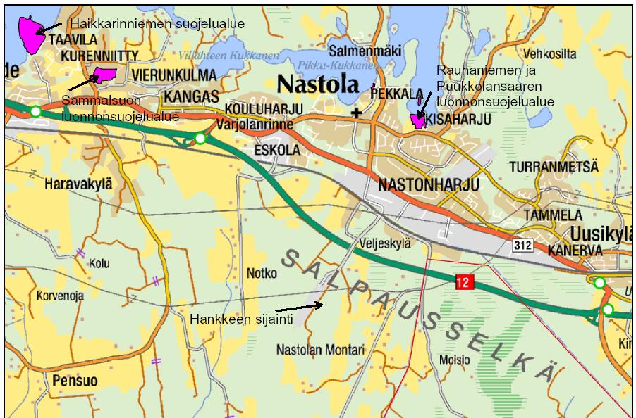 Kuva 8.14. Luonnonsuojelualueiden sijainti suhteessa hankkeen sijaintiin.