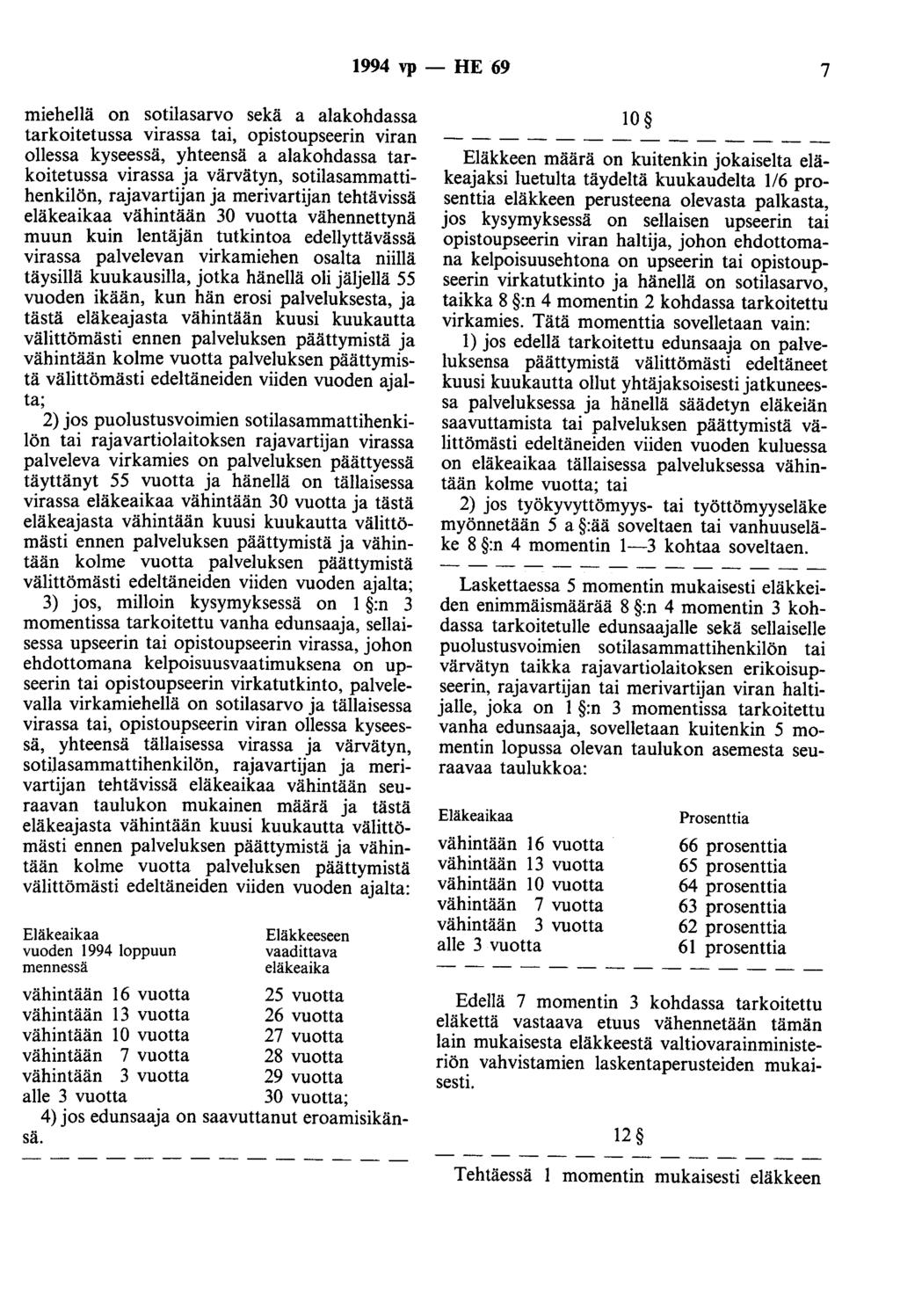 994 vp - HE 69 7 miehellä on sotilasarvo sekä a alakohdassa tarkoitetussa virassa tai, opistoupseerin viran ollessa kyseessä, yhteensä a alakohdassa tarkoitetussa virassa ja värvätyn,