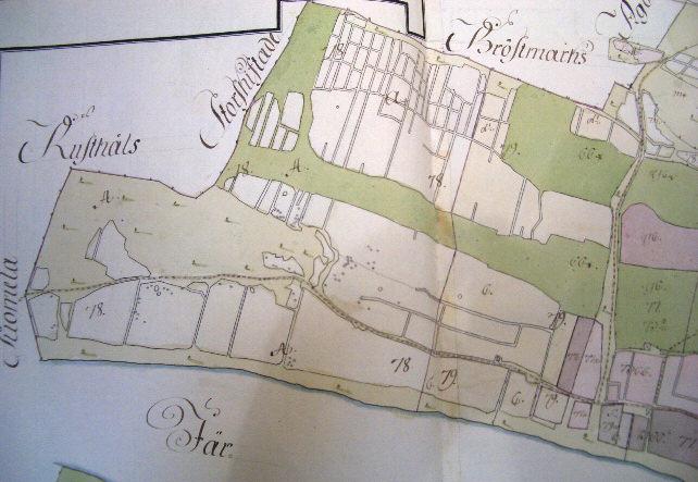 Järvenrannan kylän isojakokartta v. 1788. Kylätontti kartan oikeassa alalaidassa.