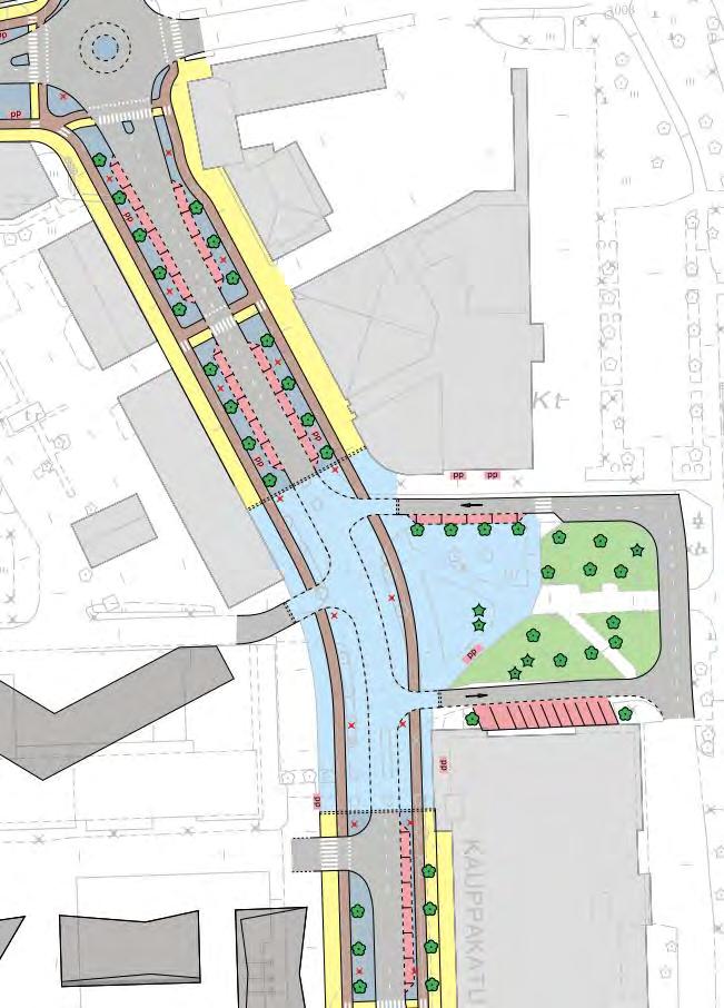 KAUPPAKATU JA KESKUSAUKIO Moottoriajoneuvoliikenne ja pysäköinti Reunakivillä rajattua ajorataa (sisältäen kadunvarsipysäköinnin kadun molemmin puolin) kavennetaan 14,0 metristä 6,5 metriin.