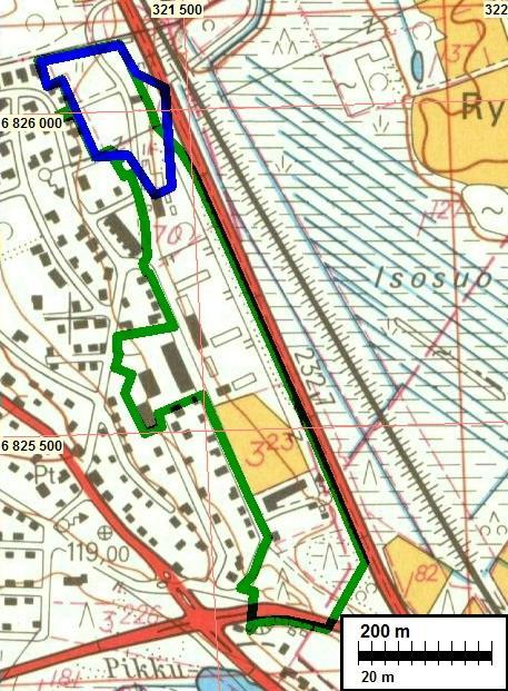 Vasemmalla Alueella yksi rakennus (vihreän viivan kohdalla), peltoja ja teitä vuoden 1975 kartta alue niittyä, alueella yksi rakennus.