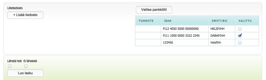 Kun laskun perustiedot on annettu, voit lisätä laskulle siinä laskutettavat tuotteet ja palvelut. Jos olet lisännyt tuotteita Tuoterekisteriin, pystyt valitsemaan tuotteen alasvetovalikosta.