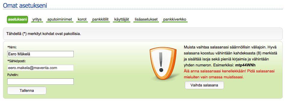 10. Asetukset Klikkaamalla ruudun oikeasta yläkulmasta Asetukset-linkkiä pääset muokkaamaan yrityksen tietoja. 10.1. Asetukseni Asetukseni-sivulla pääset muuttamaan sisään kirjautuneen käyttäjän nimeä, puhelinnumeroa sekä salasanaa.