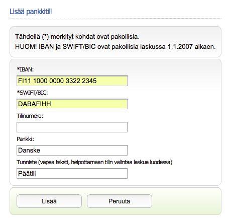 Syötä IBAN-tilinumero ja BIC-koodi avautuvaan ikkunaan.