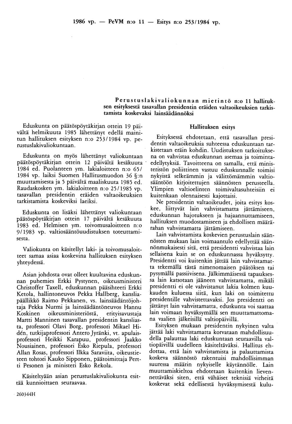 1986 vp. - PeVM n:o 11 - Esitys n:o 253/1984 vp.