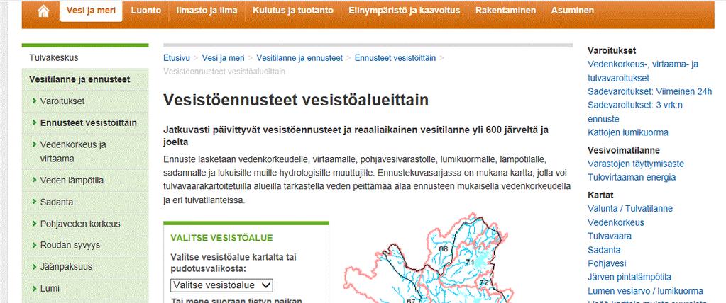 Ehdotus Kyrönjoen tulvariskien hallintasuunnitelmaksi Kuva 58. Ympäristöhallinnon verkkosivuilta löytyy automaattisesti päivittyvät vesistötiedot ja ennusteet vesistöalueittain. (www.ymparisto.