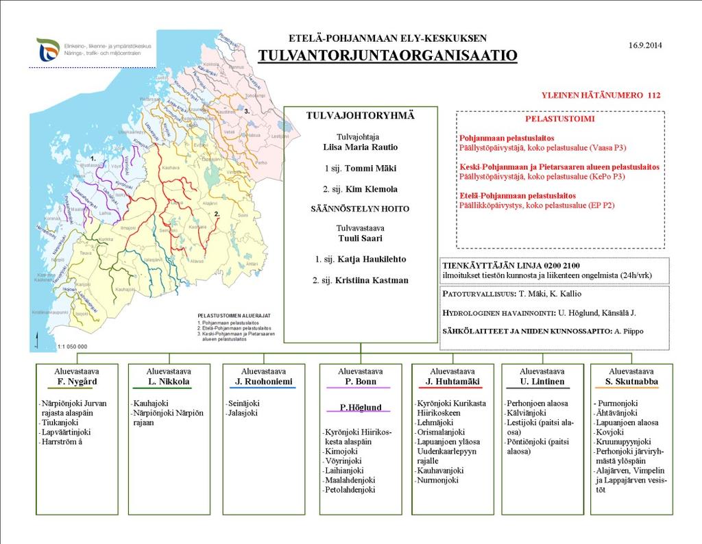 Ehdotus Kyrönjoen tulvariskien hallintasuunnitelmaksi Kuva 67. Etelä-Pohjanmaan ELY-keskuksen tulvatorjuntaorganisaatio vuonna 2014.