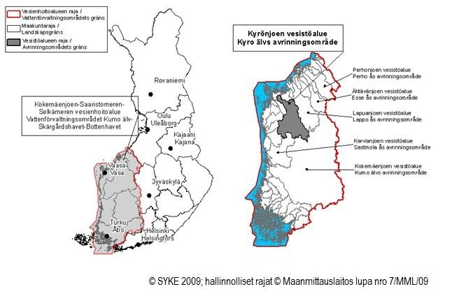 Kuva 5. Kyrönjoen vesistöalueen sijainti Kokemäenjoen-Saaristomeren-Selkämeren vesienhoitoalueella.