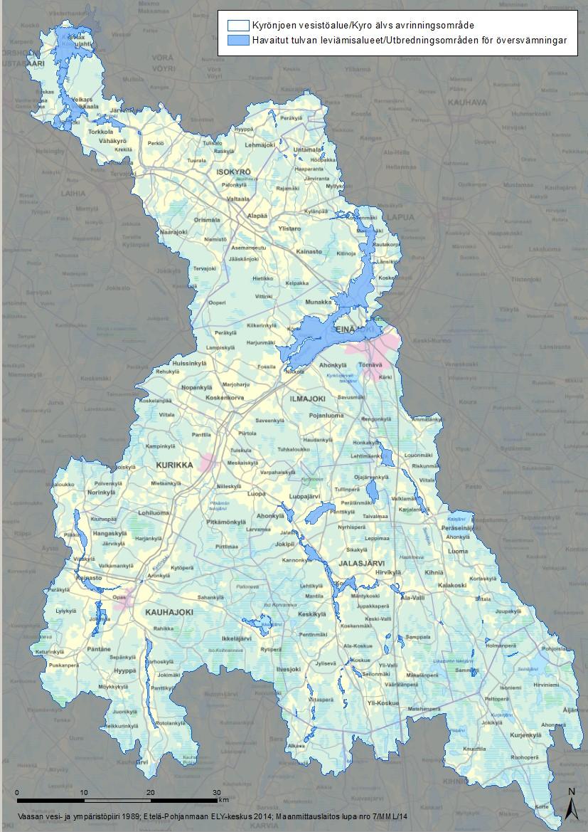 Kuva 24. Kyrönjoen vesistöalueella havaitut tulva-alueet. Osa alueista on nykyään tulvasuojattuja.