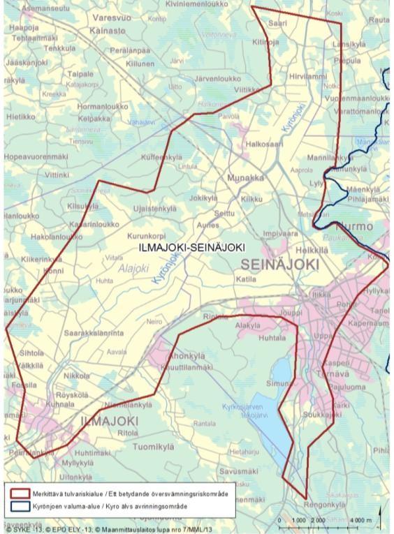 tulvariskialueiksi Ilmajoki-Seinäjoki sekä Ylistaro-Vähäkyrö (Kuva 32). Kuva 32.