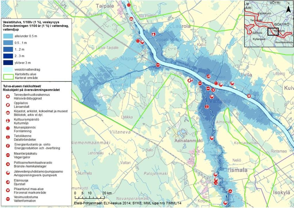 Kuva 41. Yksityiskohtainen tulvariskikartta Ylistaron-Vähänkyrön merkittävältä tulvariskialueelta. Kaikki alueen tulvariskikartat löytyvät osoitteesta www.ymparisto.fi/tulvakartat.