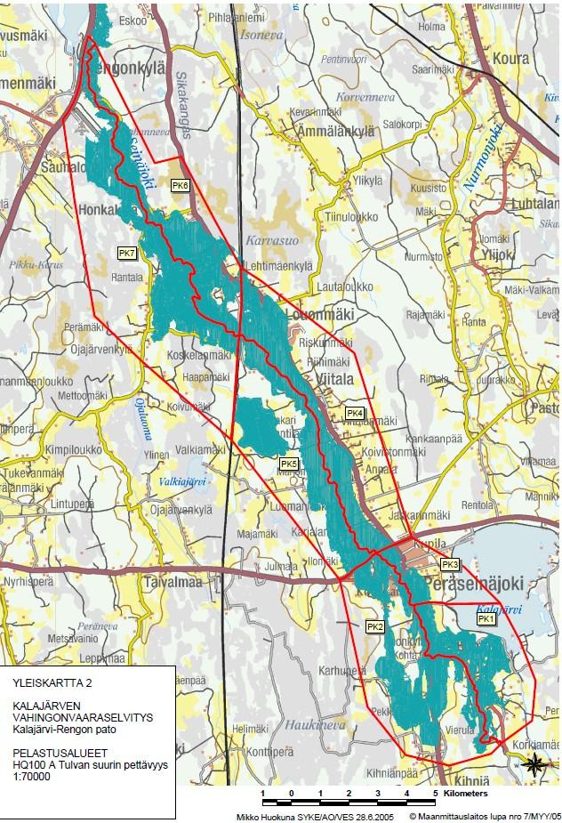 Kartoitetussa tilanteessa Kyrkösjärven tekojärvellä vesipinnan on arvioitu poikkeuksellisen luonnontulvan seurauksena ylittäneen 0,5 m tavanomaisen tulvanaikaisen korkeuden, jolloin pato murtuisi