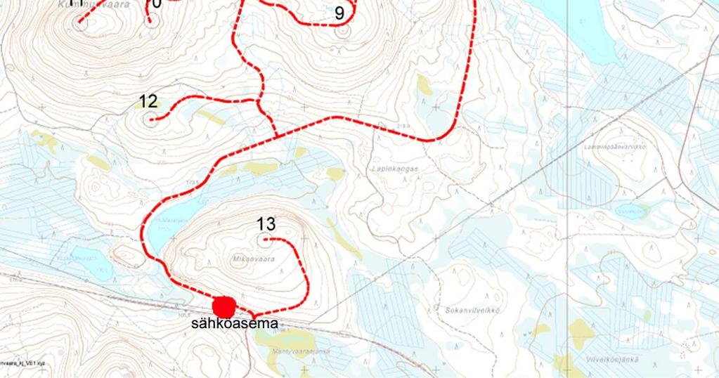 Liityntä vaatii sähköaseman rakentamisen Isokero-Kursu voimajohtolinjan pylväsvälille 72 73. Uutta 110 kv voimajohtolinjaa ei tarvitse rakentaa. Kuva 8.