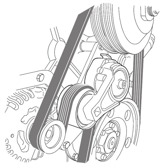 9. Tuulettimen hihnan kireyden tarkistus Moottorissa on jousikuormitteinen hihnankiristin ja moniurahihna (kuva 35). Kiristin kiristää hihnan automaattisesti käytön aikana.