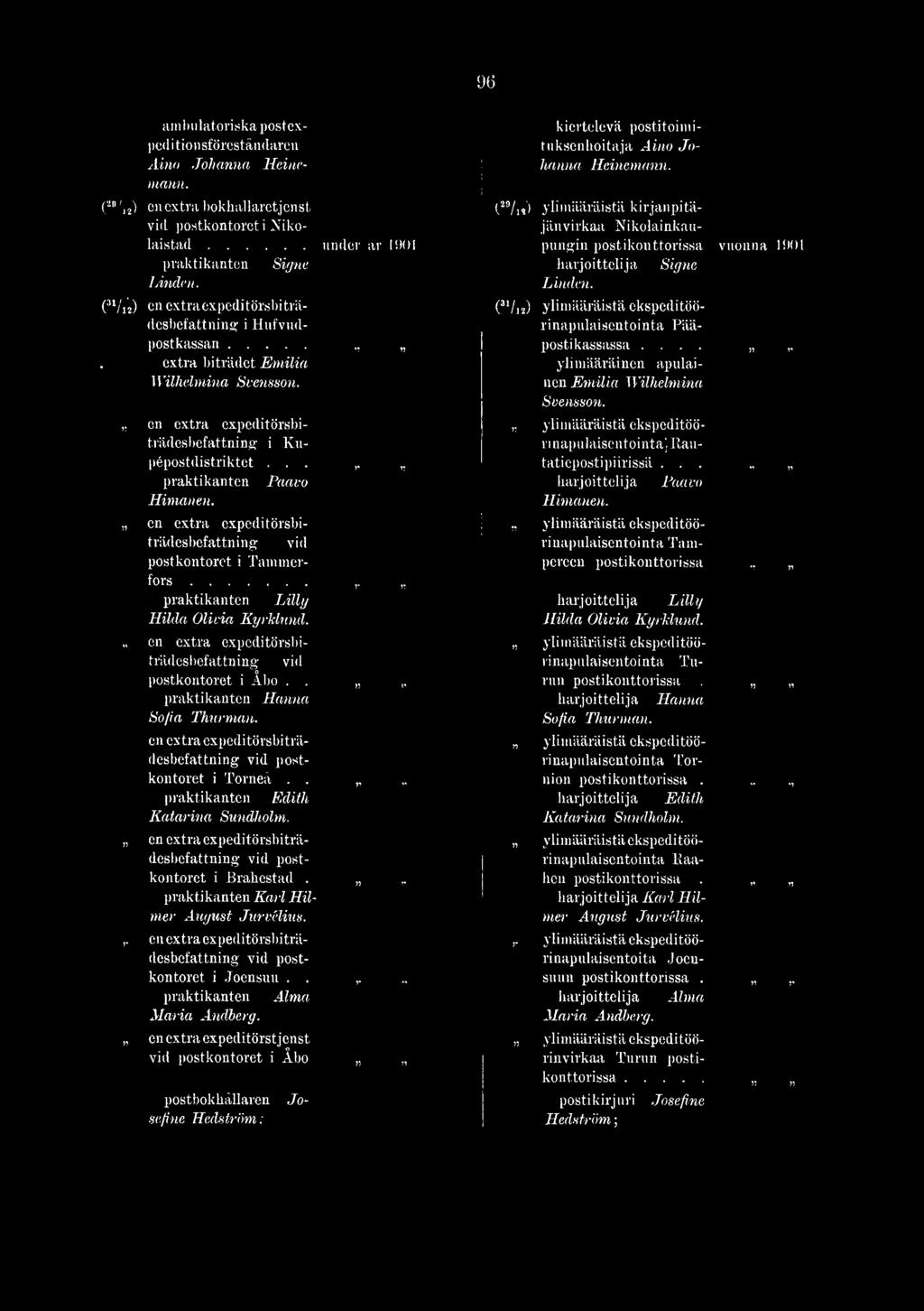 on extra expeditörsbiträdcsbefattning vid postkontoret i Brabestad.,. praktikanten Karl Hilmer August Jurvélius.,. en extra expeditörsbiträdesbefattning vid postkontoret i Joensuu..,.., praktikanten Alma Maria Andberg.