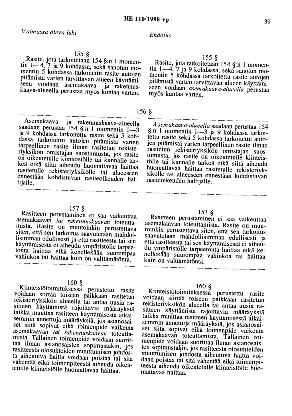 HE 110/1998 vp 39 Voimassa oleva laki Ehdotus 155 Rasite, jota tarkoitetaan 154 :n 1 momentin 1-4, 7 ja 9 kohdassa, sekä sanotun momentin 5 kohdassa tarkoitettu rasite autojen pitämistä varten