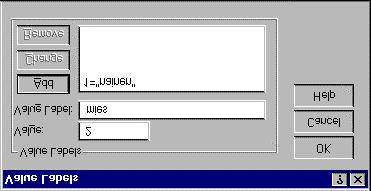 Muuttujan arvoille voidaan antaa selitteet. Valueruutuun kirjoitetaan muuttujan arvo ja Value Label -ruutuun muuttujan selite. Add-painikkella selite sitten lisätään muuttujan määrittelyihin.